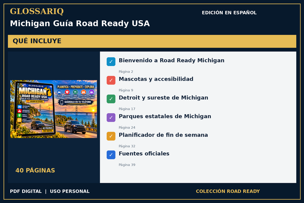 GLOSSARIQ Michigan Guía Road Ready USA — edición en español — contenido incluido