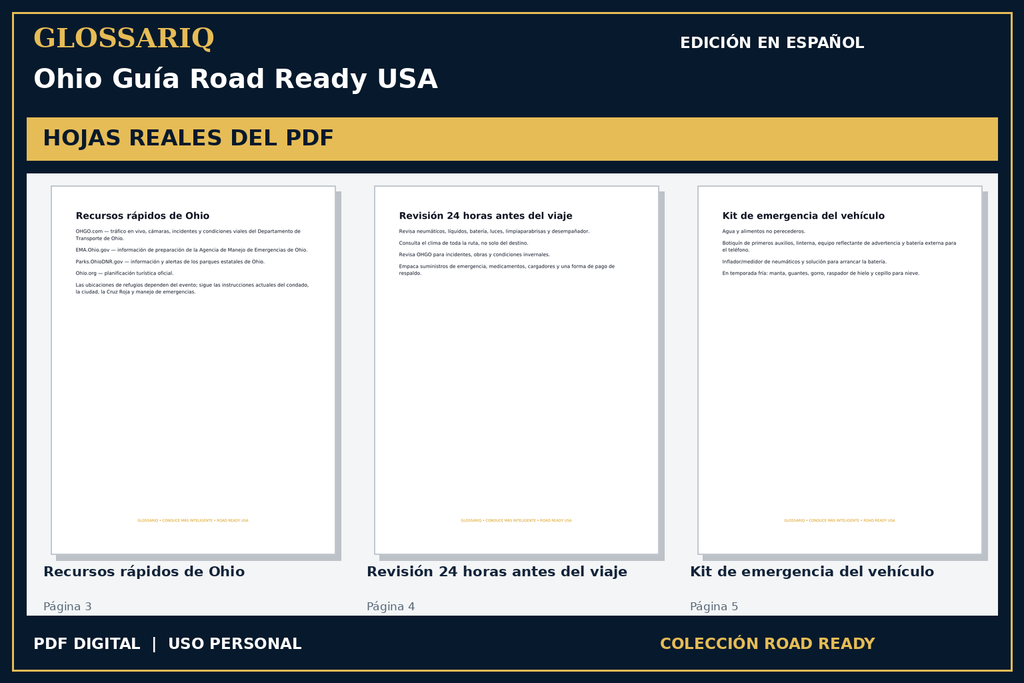 GLOSSARIQ Ohio Guía Road Ready USA — edición en español — tres hojas reales del PDF