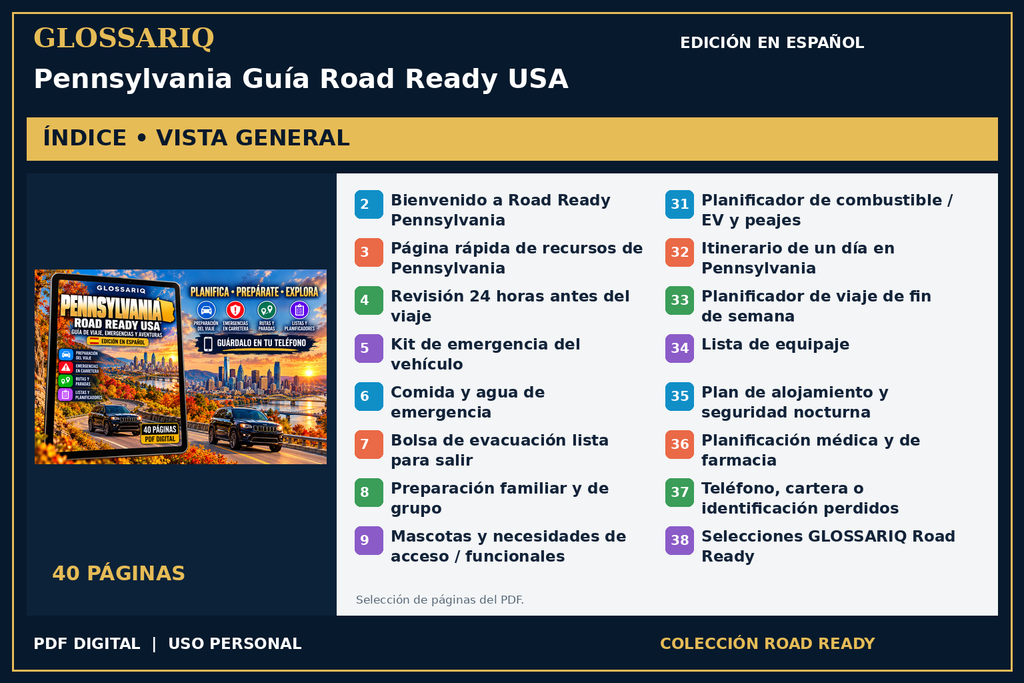 GLOSSARIQ Pennsylvania Guía Road Ready USA — edición en español — índice del PDF