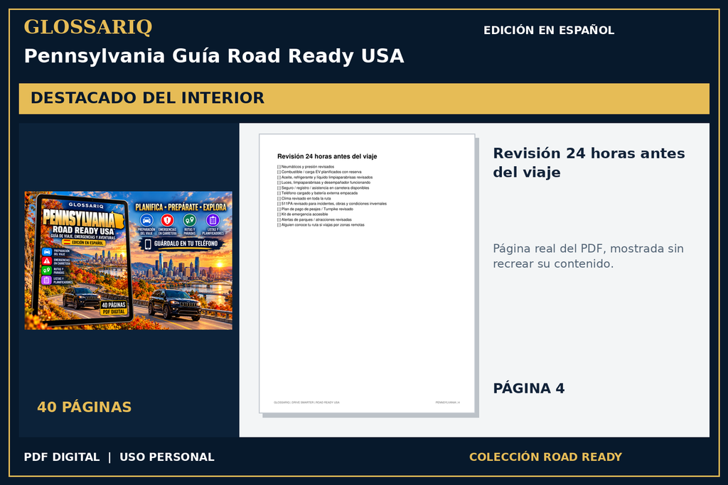 GLOSSARIQ Pennsylvania Guía Road Ready USA — edición en español — página real del interior
