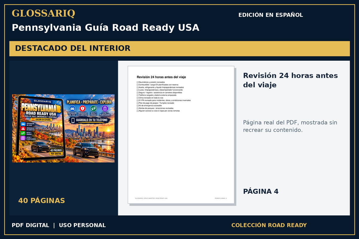 GLOSSARIQ Pennsylvania Guía Road Ready USA — edición en español — página real del interior