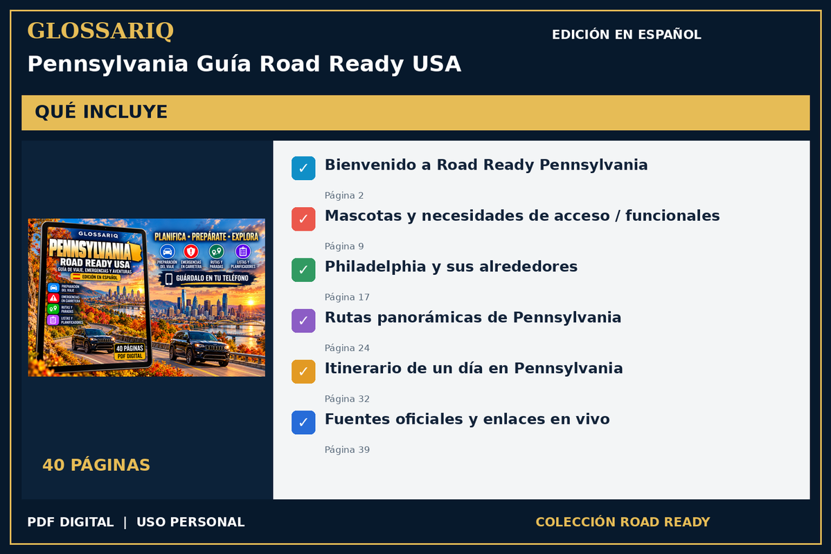 GLOSSARIQ Pennsylvania Guía Road Ready USA — edición en español — contenido incluido