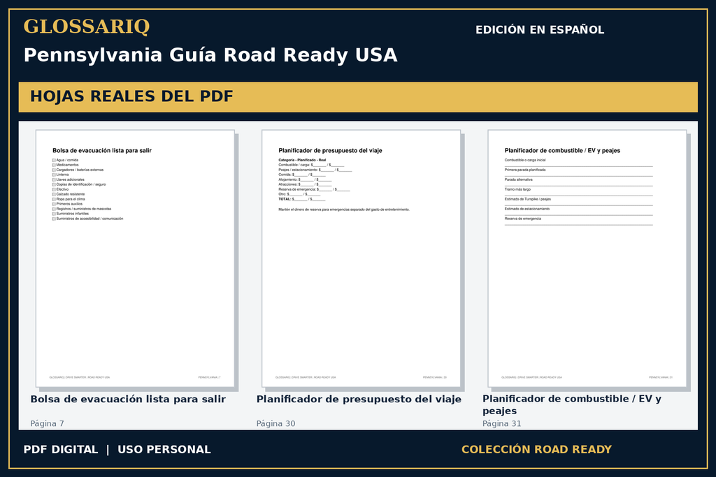 GLOSSARIQ Pennsylvania Guía Road Ready USA — edición en español — tres hojas reales del PDF