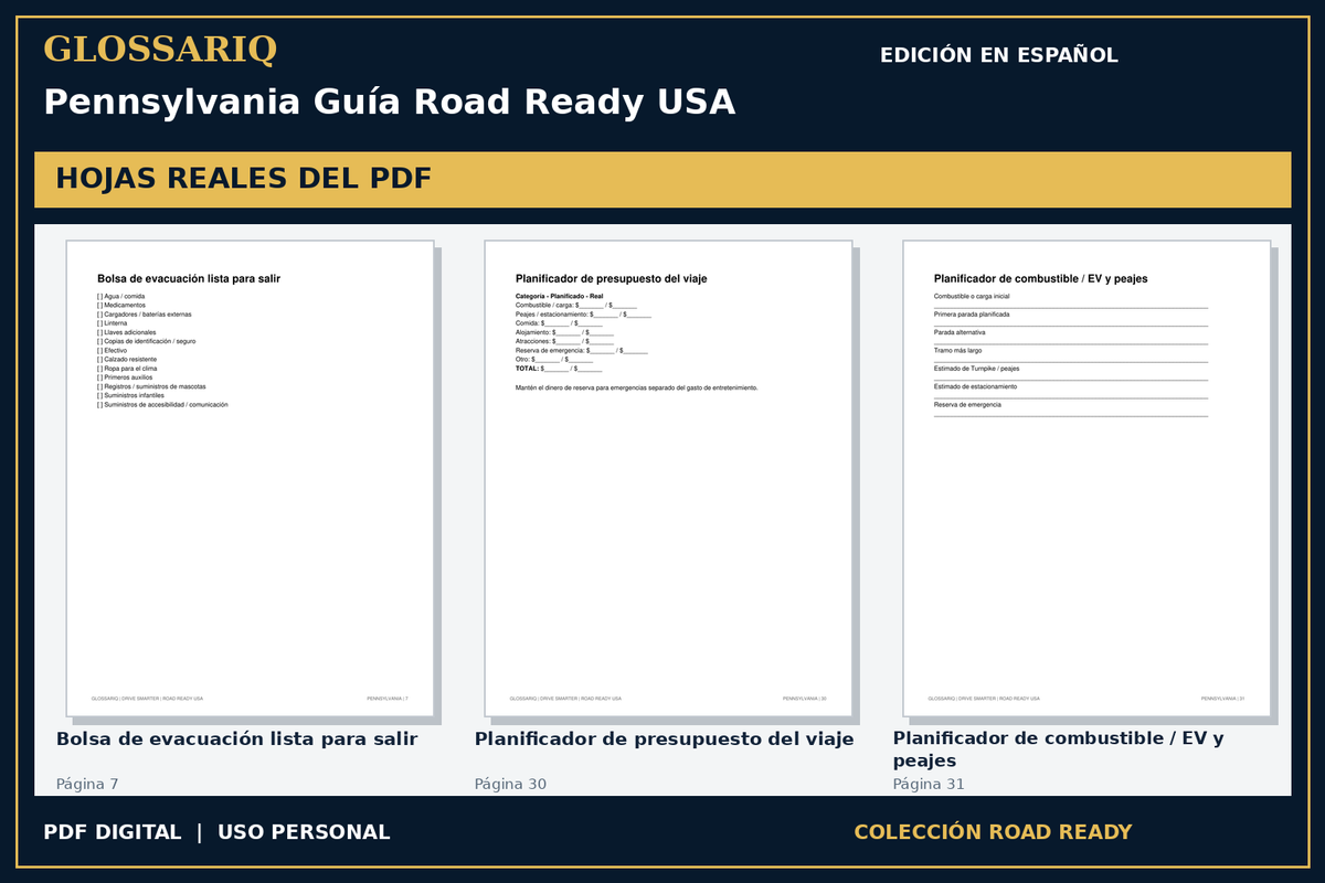 GLOSSARIQ Pennsylvania Guía Road Ready USA — edición en español — tres hojas reales del PDF