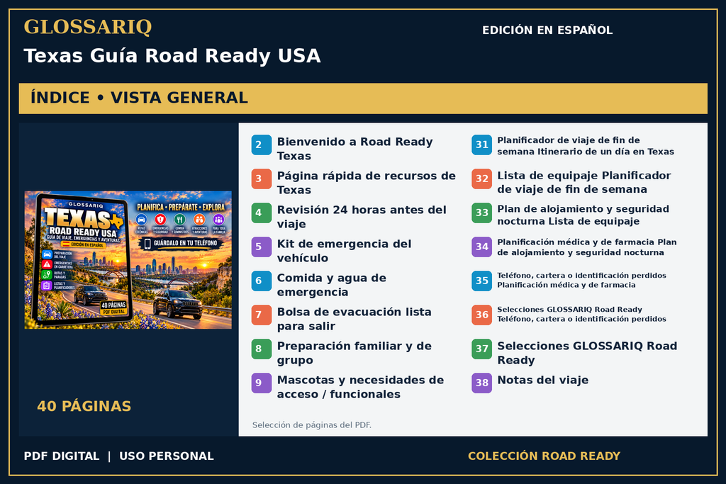GLOSSARIQ Texas Guía Road Ready USA — edición en español — índice del PDF