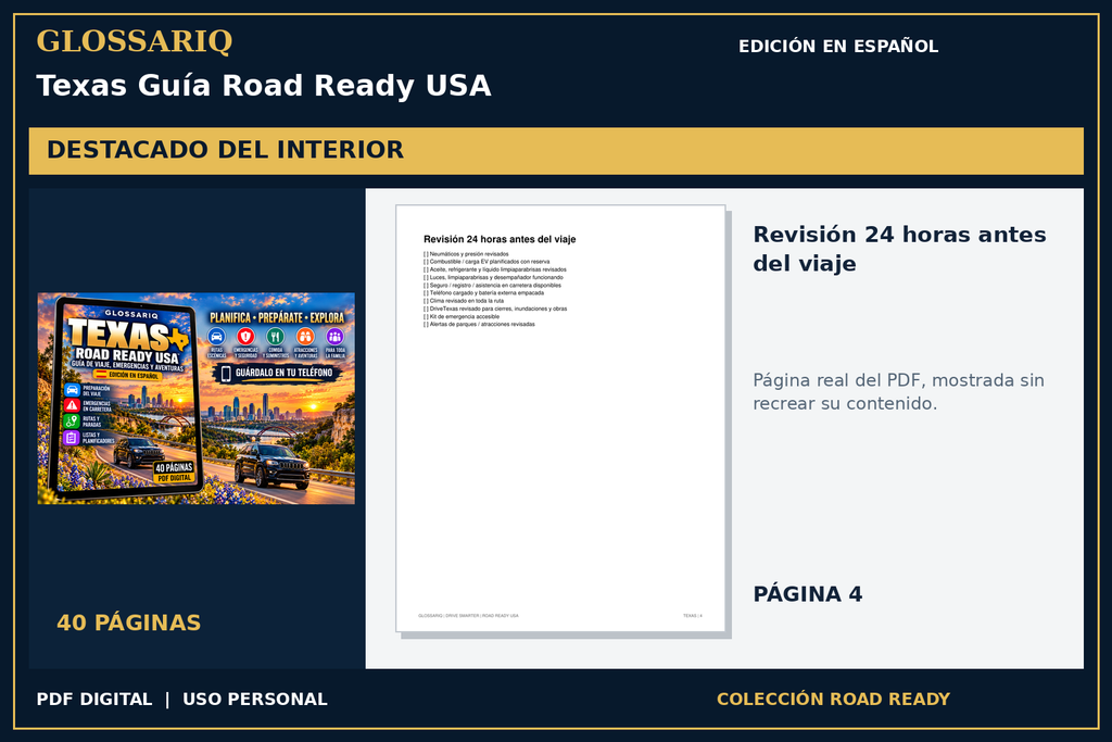 GLOSSARIQ Texas Guía Road Ready USA — edición en español — página real del interior