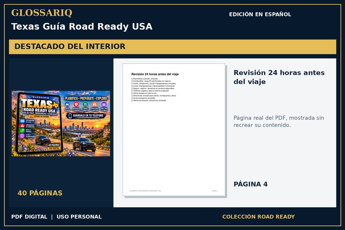 GLOSSARIQ Texas Guía Road Ready USA — edición en español — página real del interior