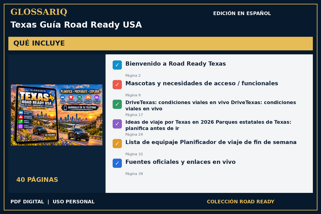 GLOSSARIQ Texas Guía Road Ready USA — edición en español — contenido incluido