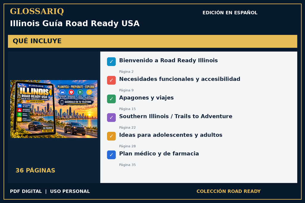 GLOSSARIQ Illinois Guía Road Ready USA — edición en español — contenido incluido