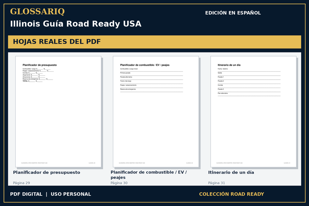 GLOSSARIQ Illinois Guía Road Ready USA — edición en español — tres hojas reales del PDF