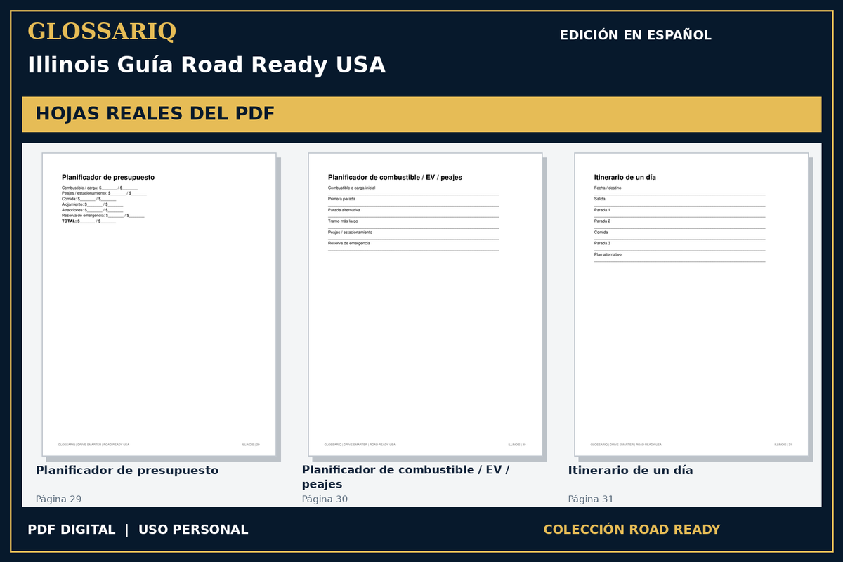 GLOSSARIQ Illinois Guía Road Ready USA — edición en español — tres hojas reales del PDF