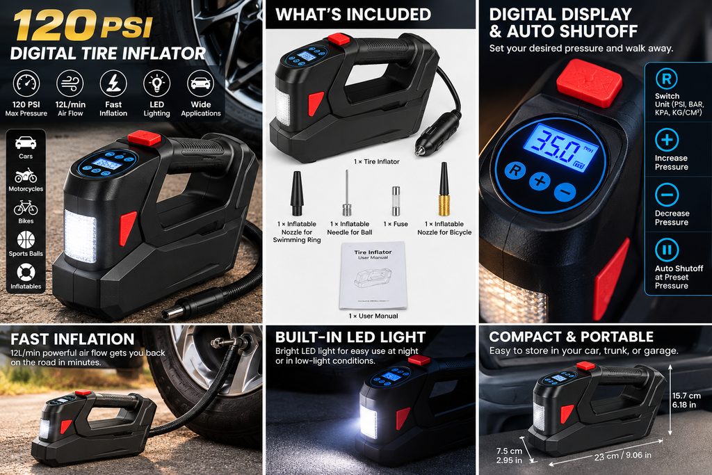 GLOSSARIQ 120 PSI digital tire inflator product features, accessories, LED light and digital display