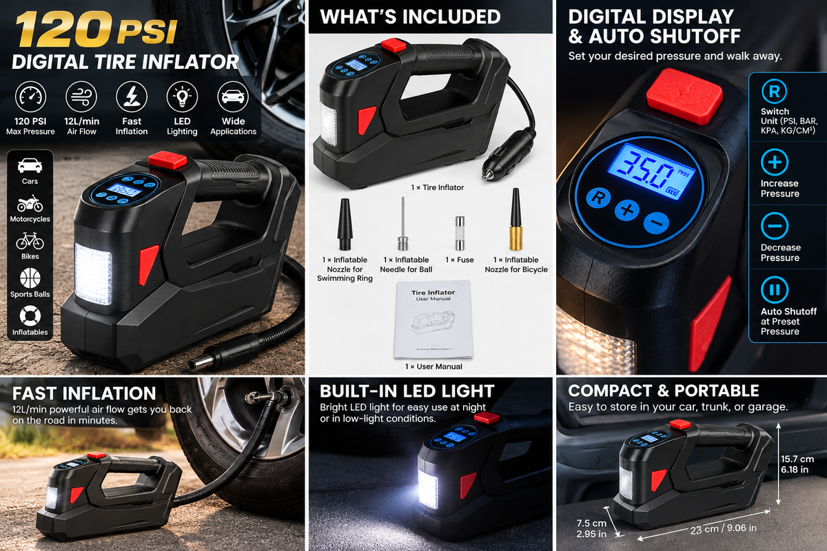 GLOSSARIQ 120 PSI digital tire inflator product features, accessories, LED light and digital display