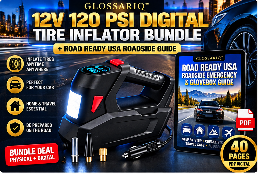 GLOSSARIQ 12V 120 PSI tire inflator and Road Ready USA guide English bundle