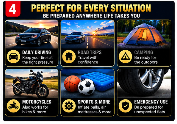 GLOSSARIQ 12V tire inflator English use cases for driving road trips camping and emergencies