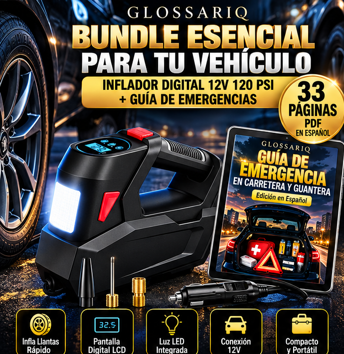 GLOSSARIQ Inflador Digital 12V 120 PSI + Guía de Emergencias en español