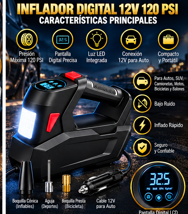 Características del inflador digital 12V 120 PSI GLOSSARIQ en español