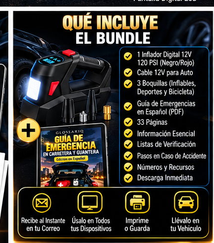 Qué incluye el bundle GLOSSARIQ de inflador 12V y guía digital en español
