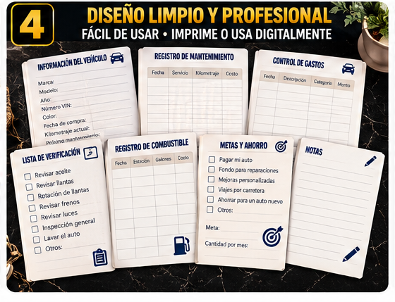 GLOSSARIQ Planificador de Auto español — diseño y hojas del planificador