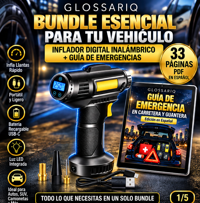 GLOSSARIQ bundle inflador inalámbrico negro con panel amarillo y guía de emergencias en español