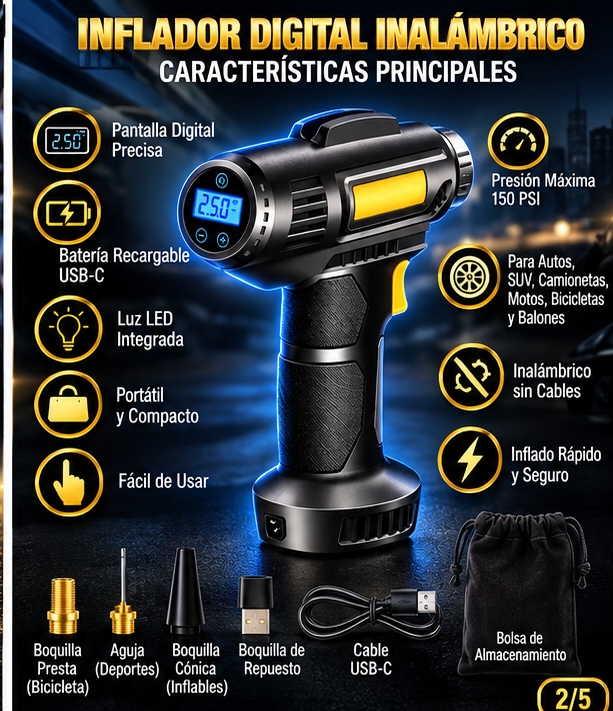 Características del inflador inalámbrico negro con amarillo GLOSSARIQ