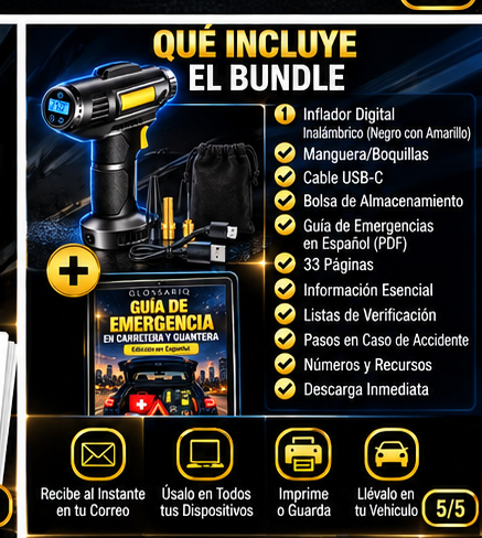 Qué incluye el bundle GLOSSARIQ inflador negro con amarillo y guía digital