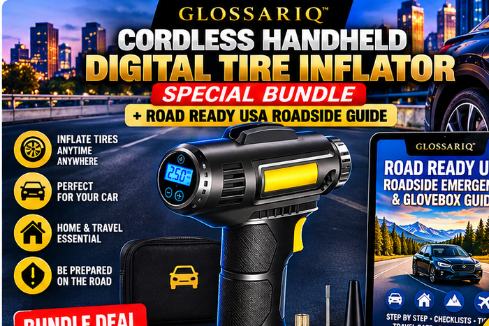 GLOSSARIQ Cordless Handheld Digital Tire Inflator + Roadside Emergency & Glovebox Guide — English