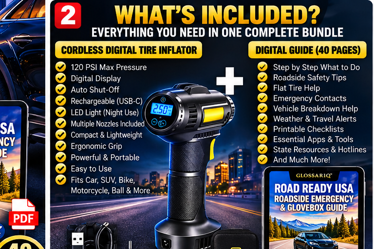 GLOSSARIQ cordless inflator English bundle contents
