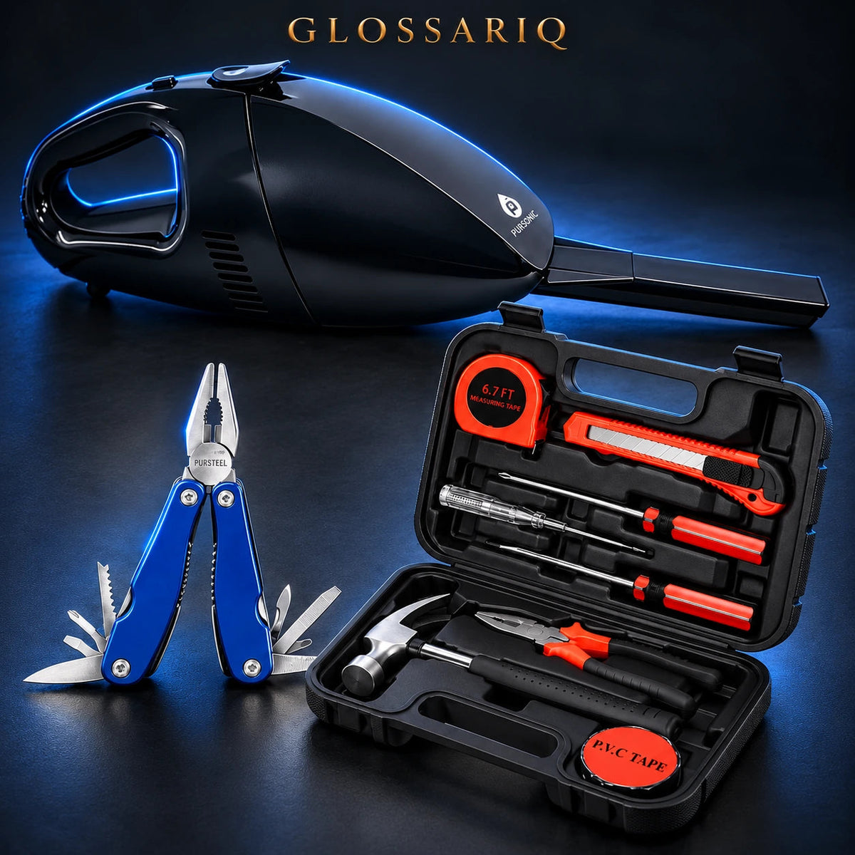 Pursonic Car Vacuum & Tool Bundle — custom dark studio view