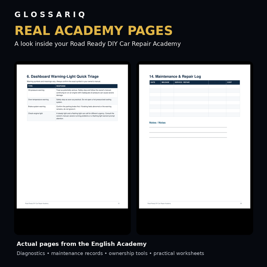 GLOSSARIQ Road Ready DIY Car Repair Academy English Edition — actual Academy page and worksheet previews