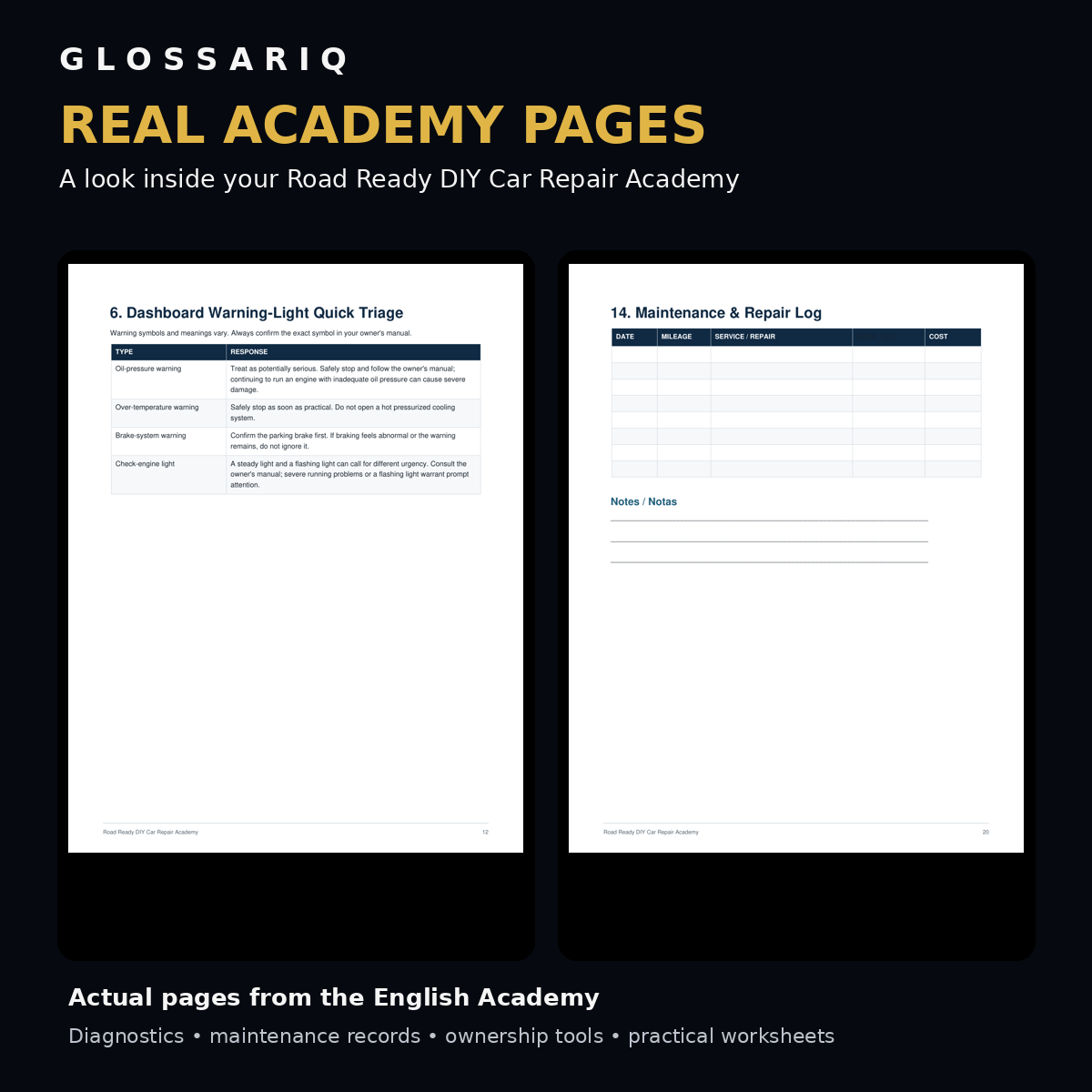 GLOSSARIQ Road Ready DIY Car Repair Academy English Edition — actual Academy page and worksheet previews