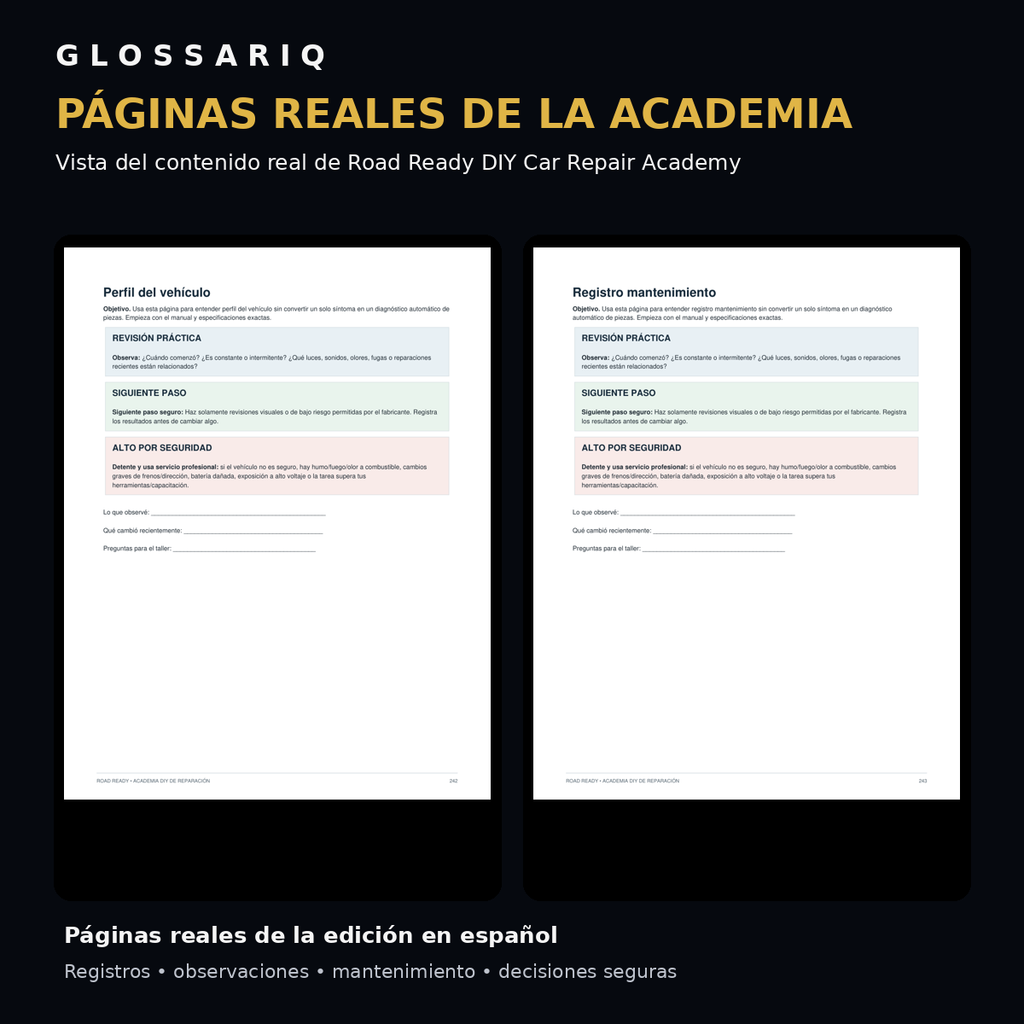 GLOSSARIQ Road Ready DIY Car Repair Academy edición en español — páginas reales de la Academia