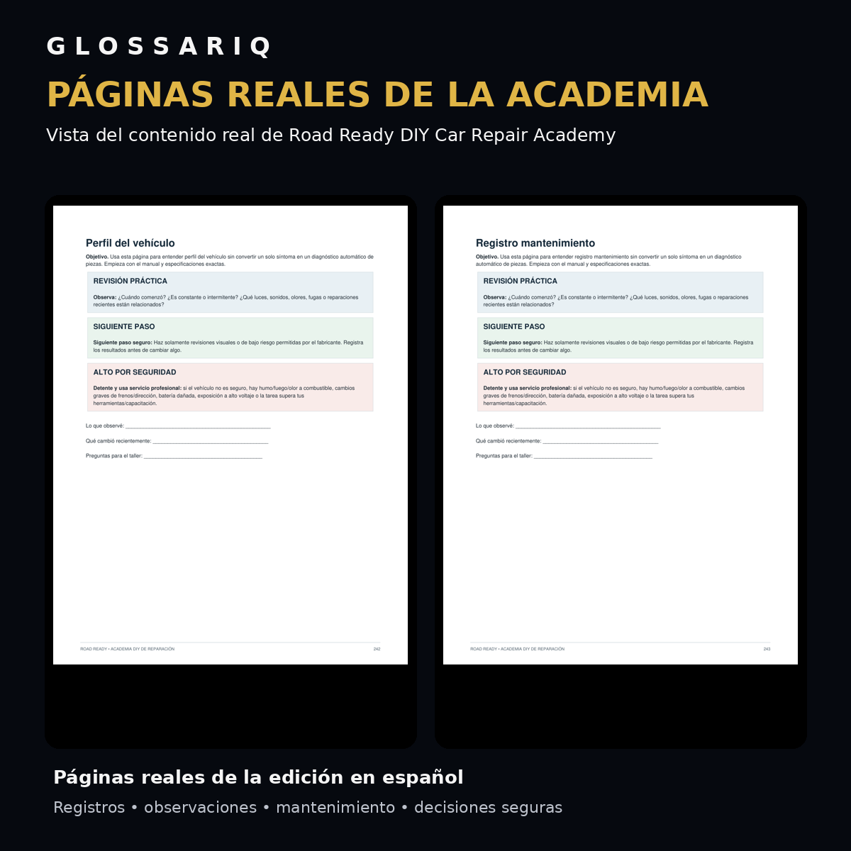 GLOSSARIQ Road Ready DIY Car Repair Academy edición en español — páginas reales de la Academia