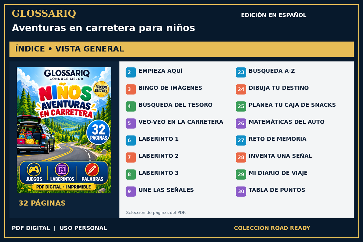 GLOSSARIQ Aventuras en carretera para niños — edición en español — índice del PDF