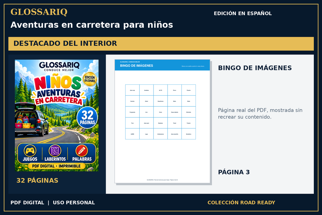 GLOSSARIQ Aventuras en carretera para niños — edición en español — página real del interior