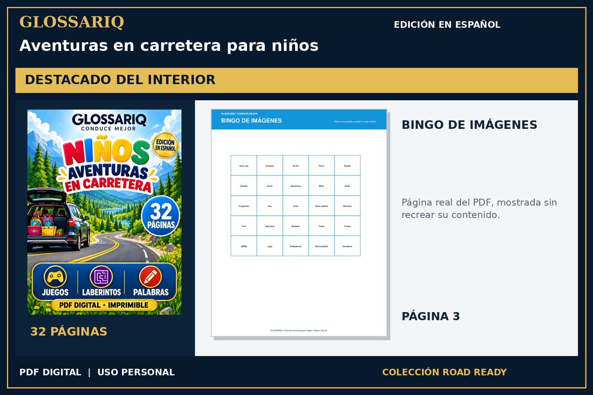 GLOSSARIQ Aventuras en carretera para niños — edición en español — página real del interior