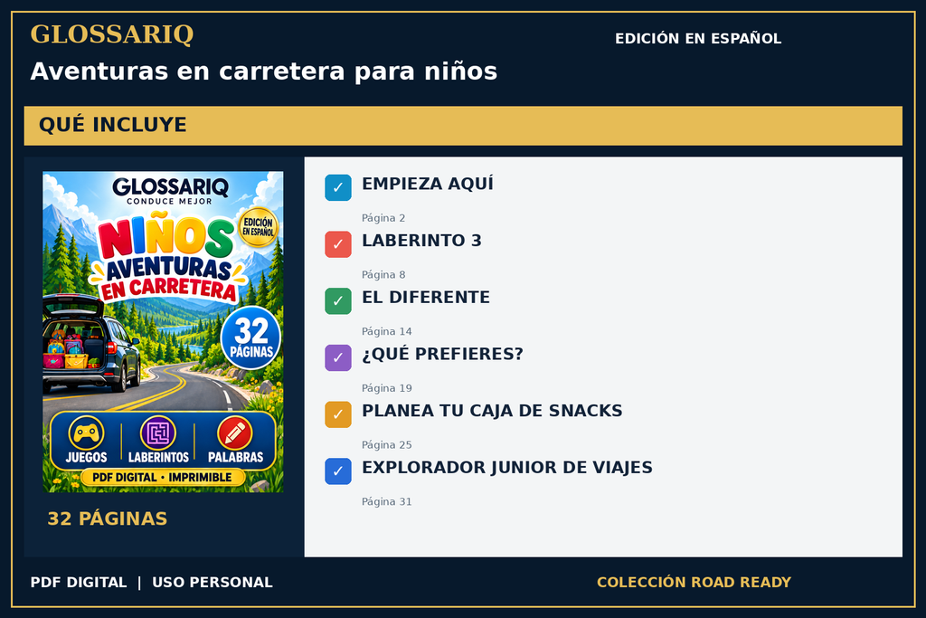 GLOSSARIQ Aventuras en carretera para niños — edición en español — contenido incluido