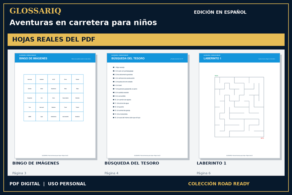 GLOSSARIQ Aventuras en carretera para niños — edición en español — tres hojas reales del PDF