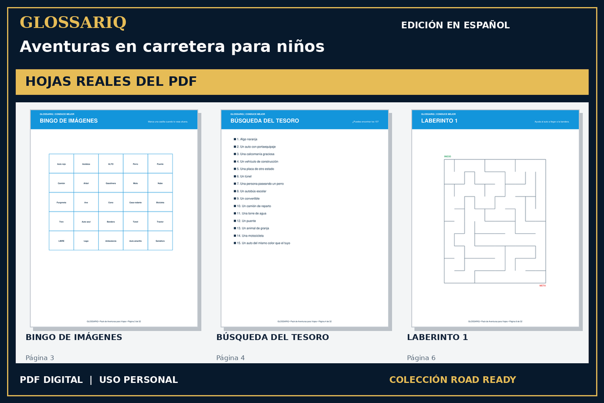 GLOSSARIQ Aventuras en carretera para niños — edición en español — tres hojas reales del PDF