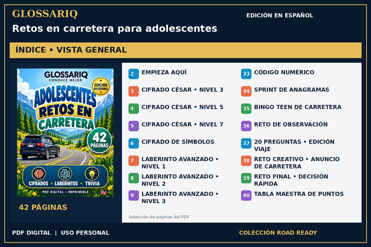 GLOSSARIQ Retos en carretera para adolescentes — edición en español — índice del PDF