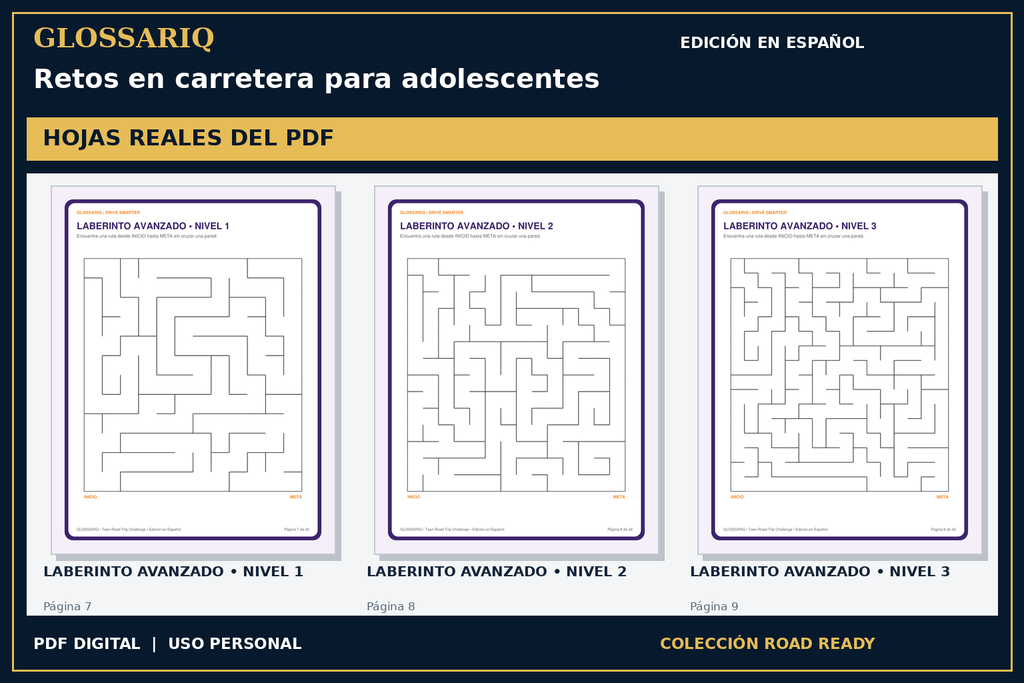 GLOSSARIQ Retos en carretera para adolescentes — edición en español — tres hojas reales del PDF