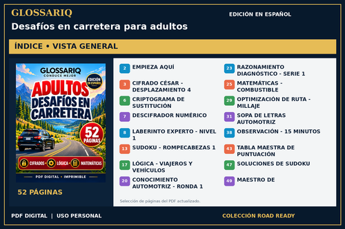 GLOSSARIQ Desafíos en carretera para adultos — edición en español — índice del PDF actualizado