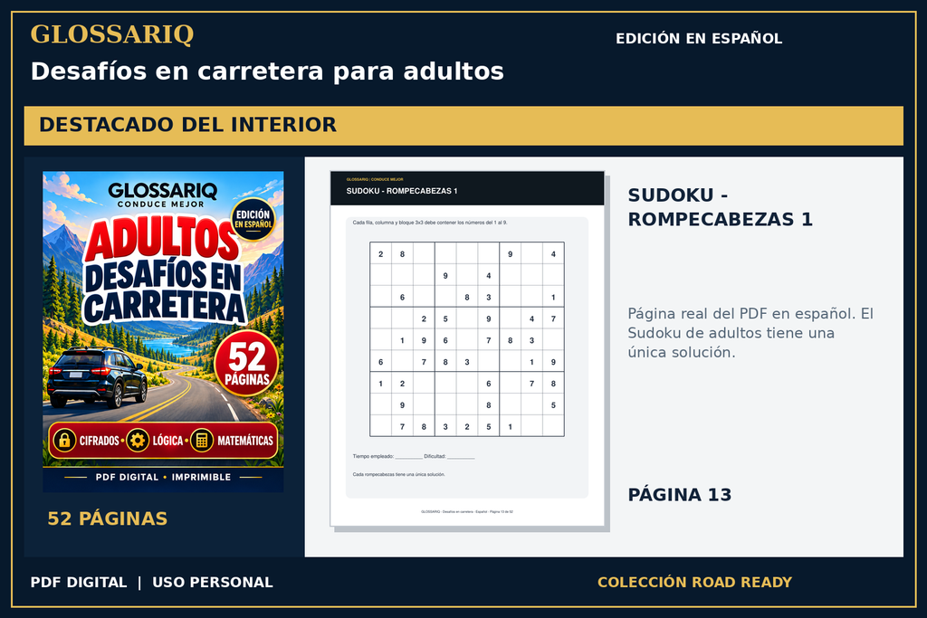 GLOSSARIQ Desafíos en carretera para adultos — edición en español — página real del interior actualizado