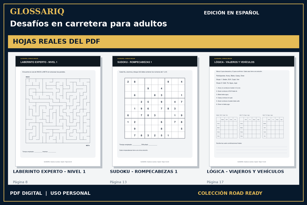 GLOSSARIQ Desafíos en carretera para adultos — edición en español — tres hojas reales del PDF corregido