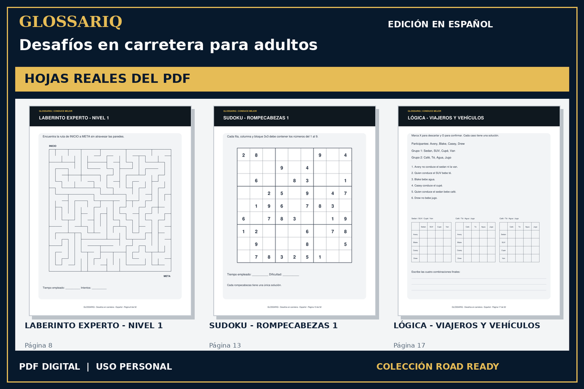 GLOSSARIQ Desafíos en carretera para adultos — edición en español — tres hojas reales del PDF corregido