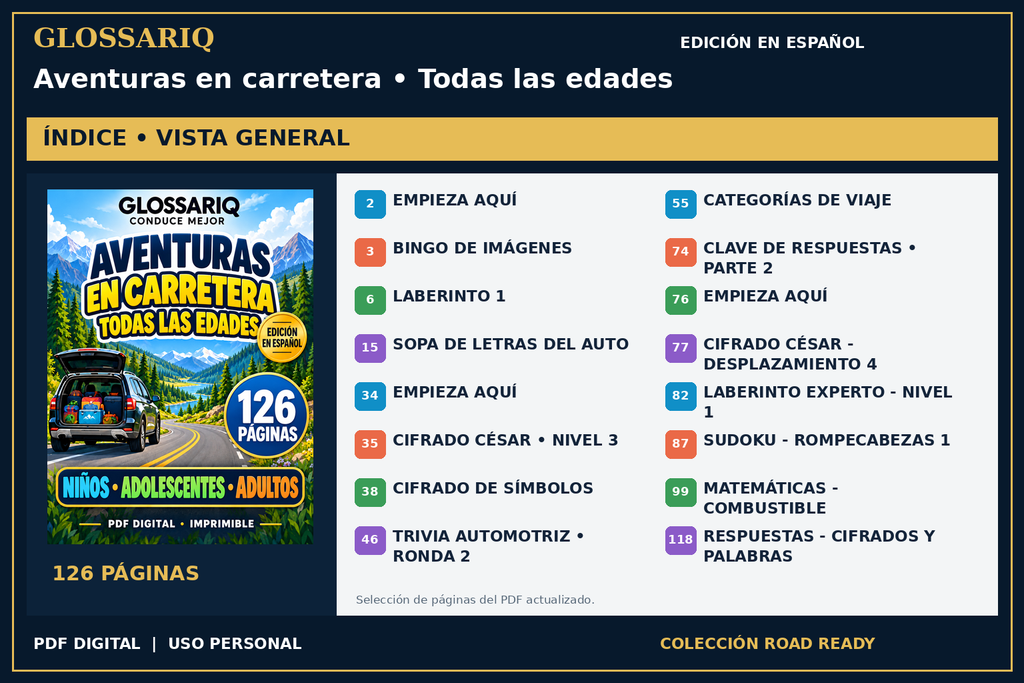 GLOSSARIQ Aventuras en carretera • Todas las edades — edición en español — índice del PDF actualizado