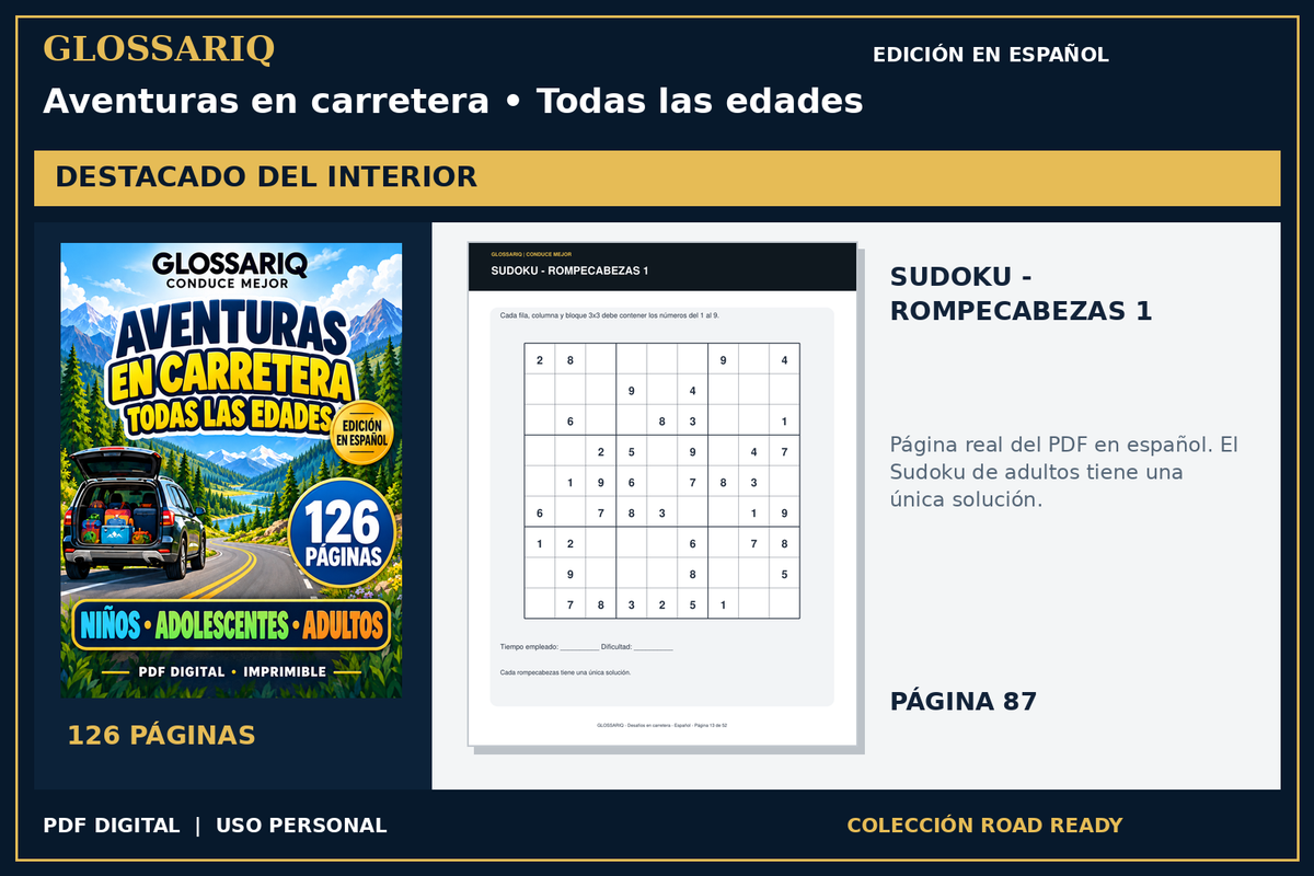GLOSSARIQ Aventuras en carretera • Todas las edades — edición en español — página real del interior actualizado