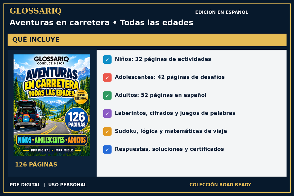 GLOSSARIQ Aventuras en carretera • Todas las edades — edición en español — contenido del PDF en español