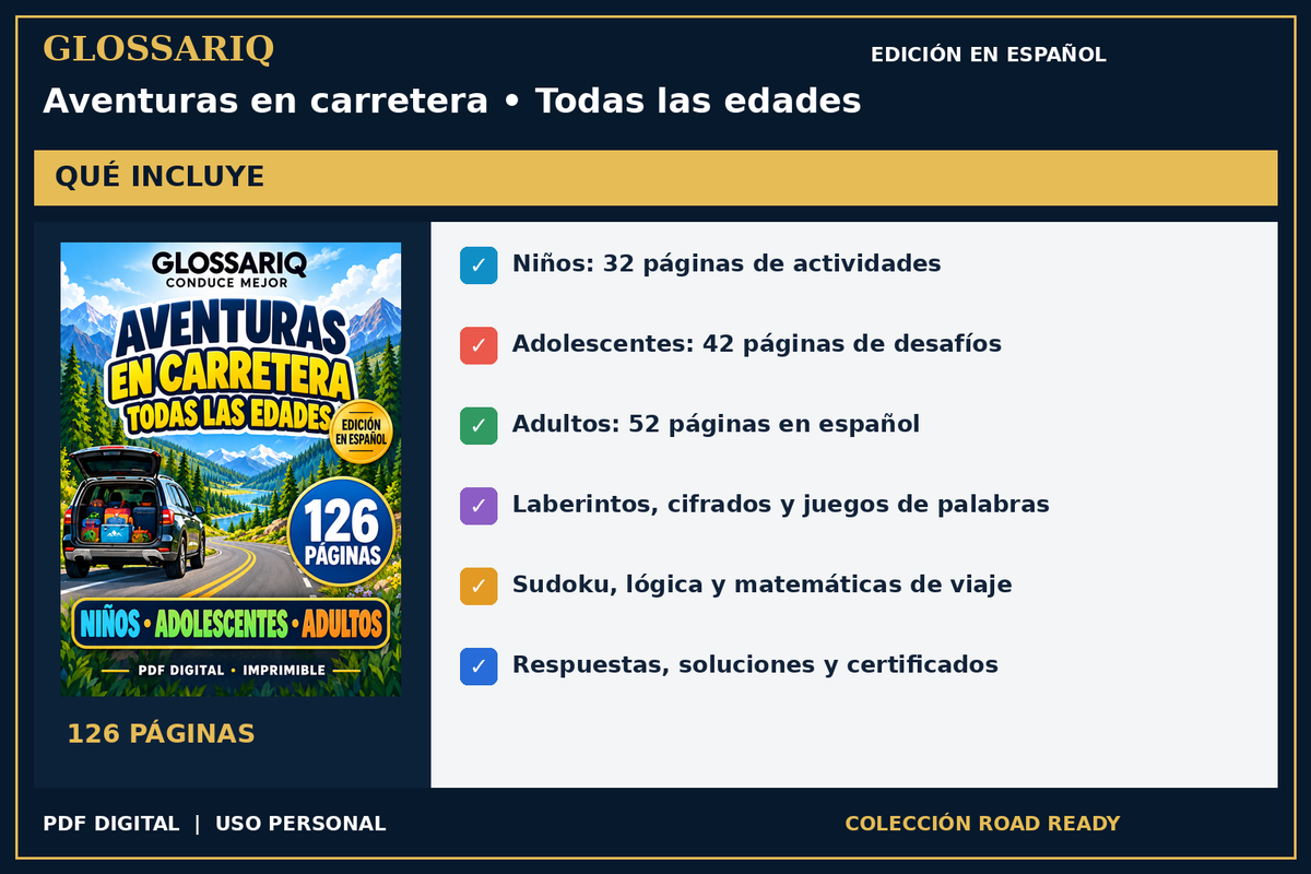 GLOSSARIQ Aventuras en carretera • Todas las edades — edición en español — contenido del PDF en español