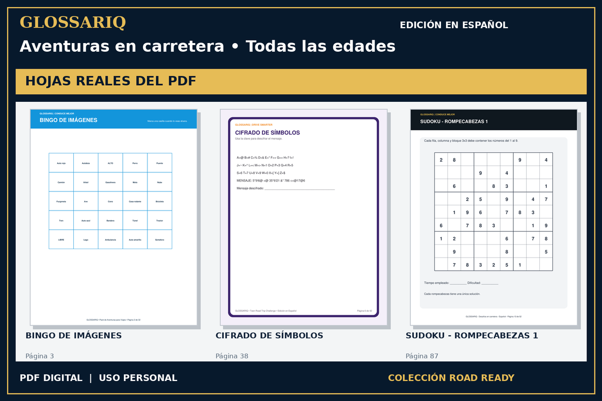 GLOSSARIQ Aventuras en carretera • Todas las edades — edición en español — tres hojas reales del PDF corregido